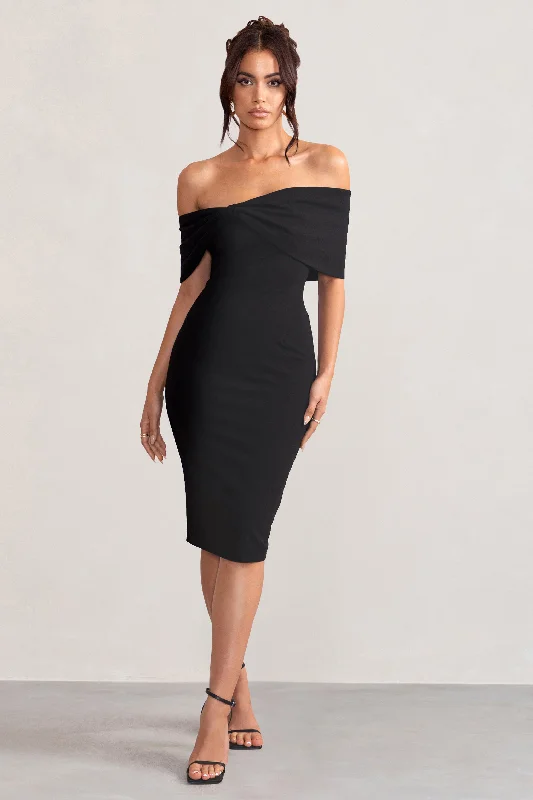 Act Fast Alyssa | Black Bardot Bow Detail Midi Dress