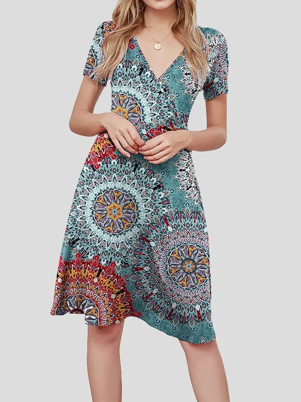 sophisticated dressV-neck Short-sleeved Sun Flower Print Dress