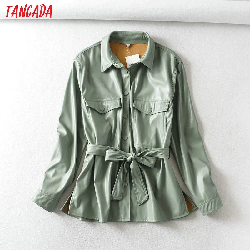 Tangada Women light green faux leather jacket coat with beltLadies Long Sleeve loose oversize boy friend Coat