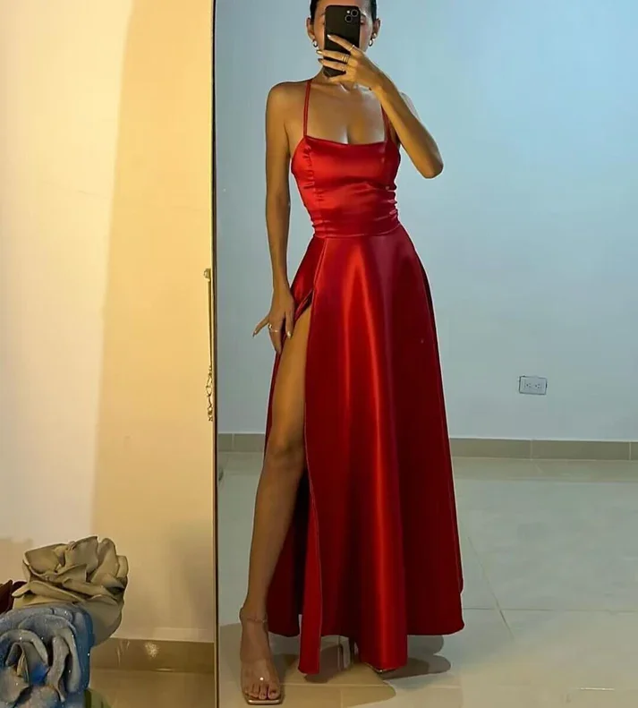 chic shift dressCharming Red A-Line Satin Long Party Dress with Slit, DP2445