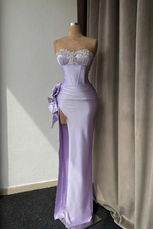 floral midi dressLight Purple Strapless Beading Long Prom Dress with High Slit,DP1750