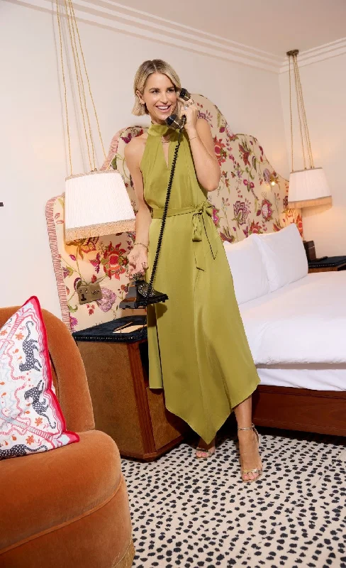 Don't Wait Olive Satin Midaxi Dress by Vogue Williams