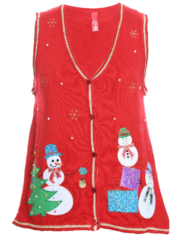 Lowest Price Snowman Design Red Embroidered Christmas Sweater Vest - M