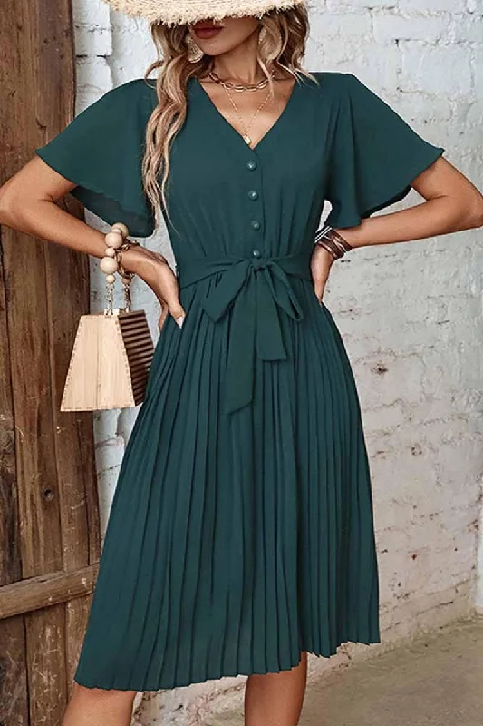 bohemian dressV NECK BUTTONED PLEATED DRESS