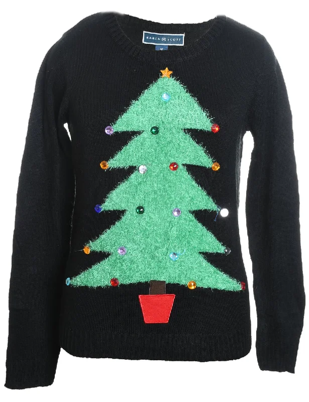 Final Markdown Black Christmas Tree Design Knit Jumper - M
