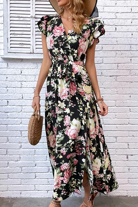 puff sleeve dressFLORAL RUFFLED SLEEVES CROSS OVER TIED MAXI DRESS