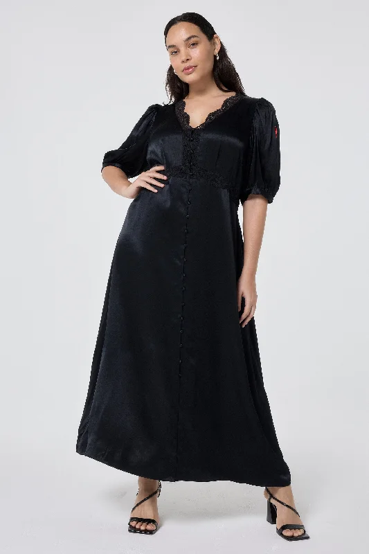 floral dressBlack with Lace Trim Satin Puff Sleeve Midi Tea Dress