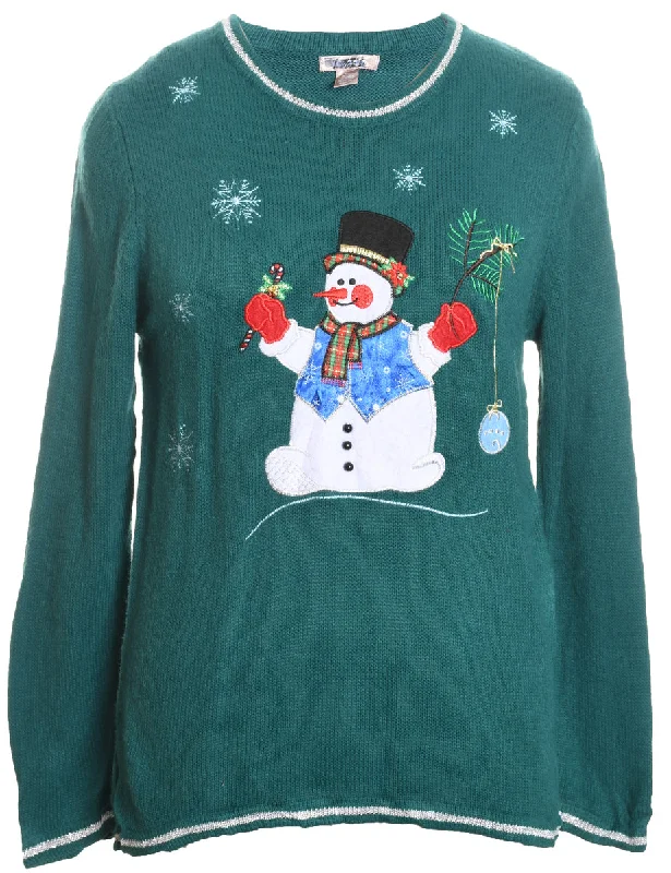 Limited Time Snowman Design Dark Green Embroidered Christmas Jumper - M