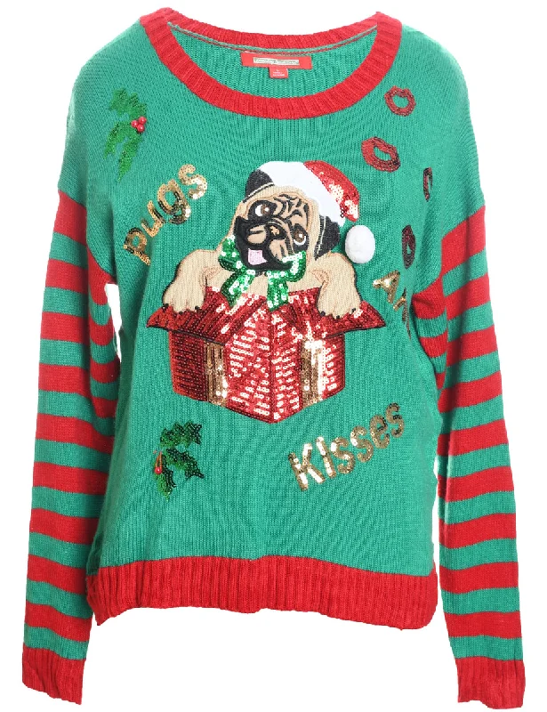 Savings Spectacular Green & Red Pug Design Christmas Jumper - L