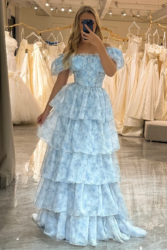 Year-End Sale sophisticated dressLight Blue Off Shoulder Tulle Tiered Long Prom Dress,DP1066