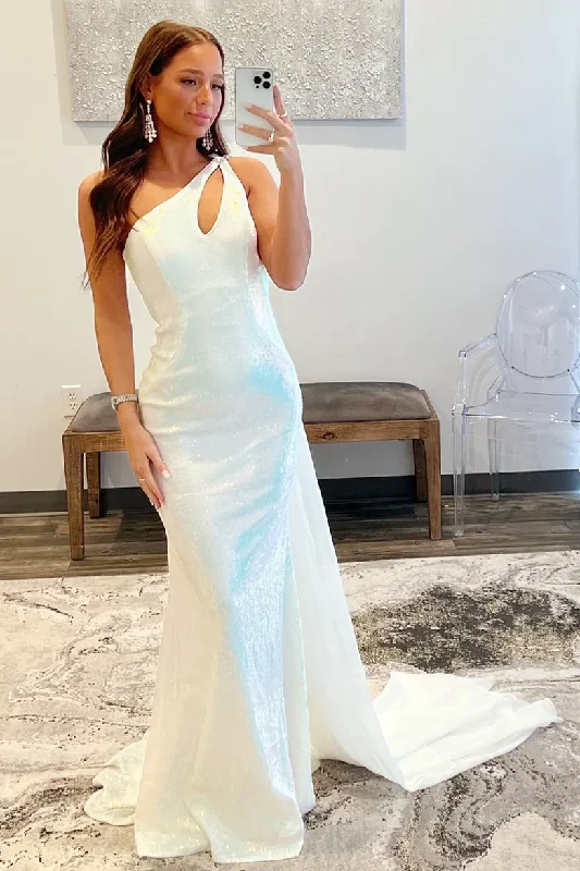 Huge Discounts trendy wrap dressWhite One Shoulder Cut Out Mermaid Prom Dress,DP1027