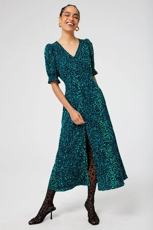 trendy bodycon dressGreen with Black Wild Leopard Flute Sleeve Midi Tea Dress