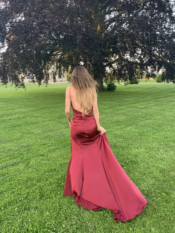 Online Specials comfy dressRed V Neck Backless Long Prom Dress with Slit,DP933
