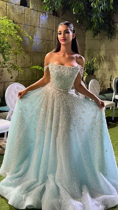 Anniversary Sale satin dressGlitter Light Blue Off Shoulder A-Line Long Prom Dress Shiny Evening Party Dress,DP748 Anniversary Sale satin dressGlitter Light Blue Off Shoulder A-Line Long Prom Dress Shiny Evening Party Dress,DP748
