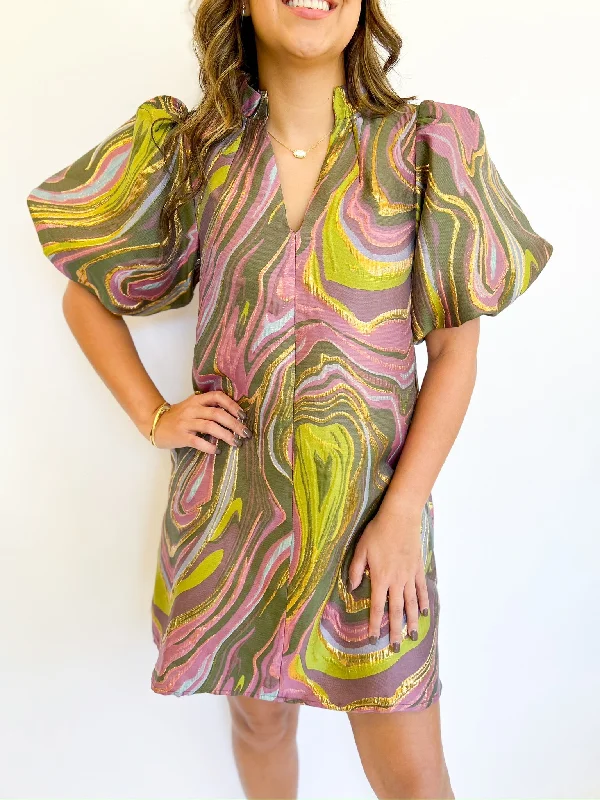 casual slip dressAbstract Swirl Puff Sleeve Dress