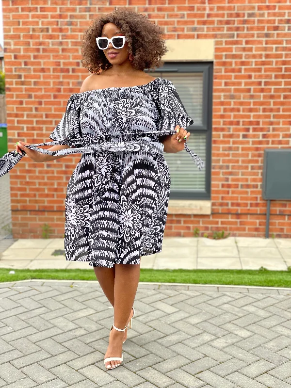 Final Sale layered dressBertha Ankara Off shoulder Midi Dress | Black and White African Print Final Sale layered dressBertha Ankara Off shoulder Midi Dress | Black and White African Print
