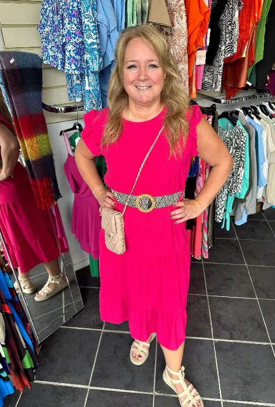 Special Promotion Ruffle sleeve belted midi dress - Pink