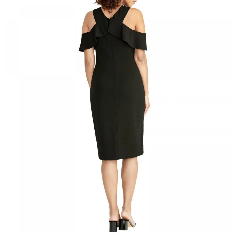 Big Discounts Rachel Roy Women's Ruffled Cold Shoulder Halter Below The Knee Evening Sheath Dress Black Size X-Small