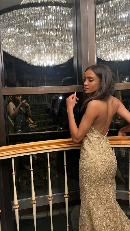 Fantastic Deals spaghetti strap dressChampagne Gold Backless Mermaid Long Prom Dress,DP934