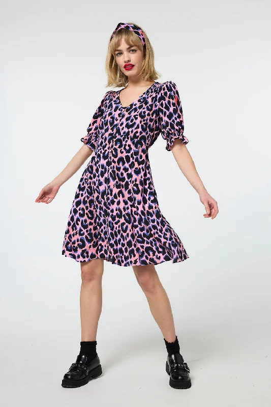 flowy evening dressPink with Blue and Black Shadow Leopard Short Tea Dress