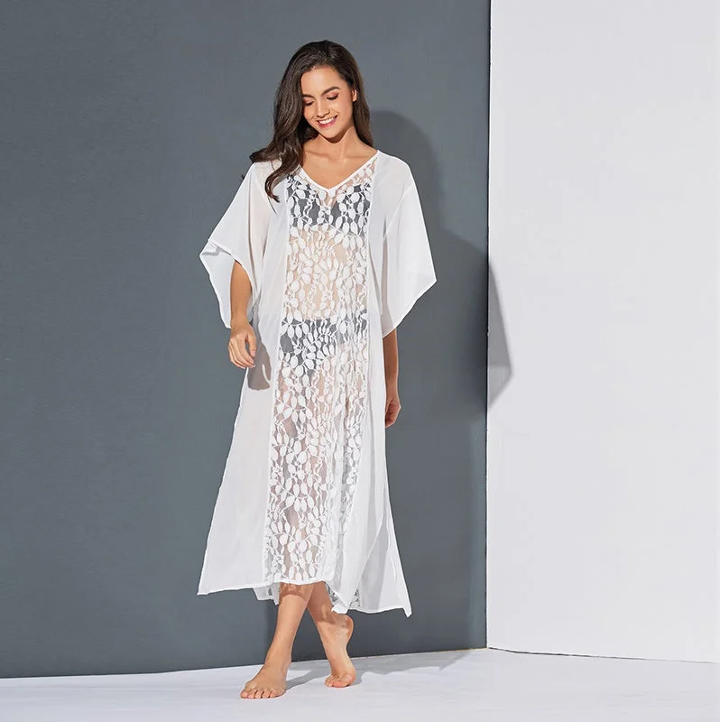 lace-up dressKittenAlarm - Women Lace Sheer Hollow Short Sleeve Side slit Long Maxi Sun Dress