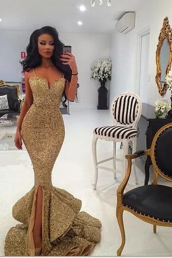 Savings Alert velvet dressSpaghetti Straps Gold Sequin Mermaid Front Slit Long Prom Dress,DP842 Savings Alert velvet dressSpaghetti Straps Gold Sequin Mermaid Front Slit Long Prom Dress,DP842