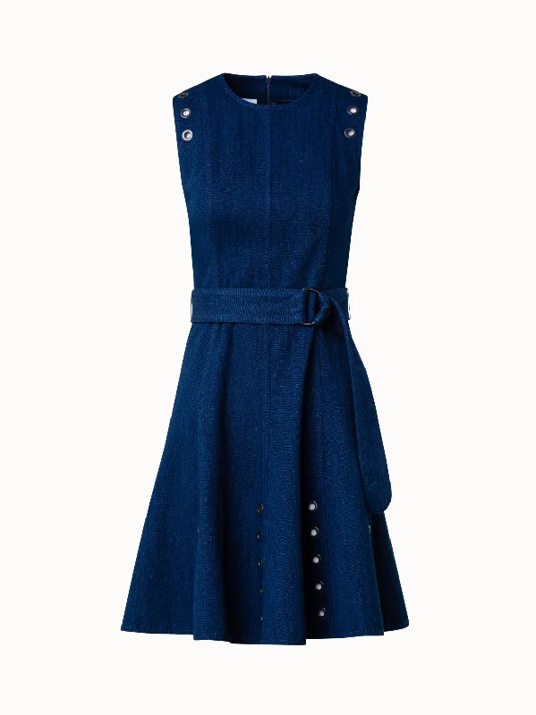 elegant shift dressCotton Denim Stretch A-Line Dress with Eyelet Details