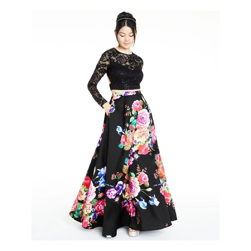 Final Markdown B Darlin Women's Lace Pocketed Crop Top Floral Long Sleeve Round Neck Full-Length Evening a-Line Dress Black Size 3\4 - 3/4
