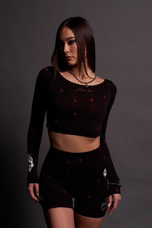Price Drop Darc Script "Everson Seamless" Chloe L/S Top in Black/Red Starry Night