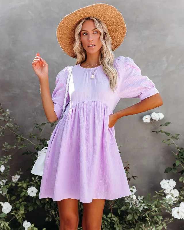 denim dressAmber Cotton Pocketed Puff Sleeve Dress - Lavender