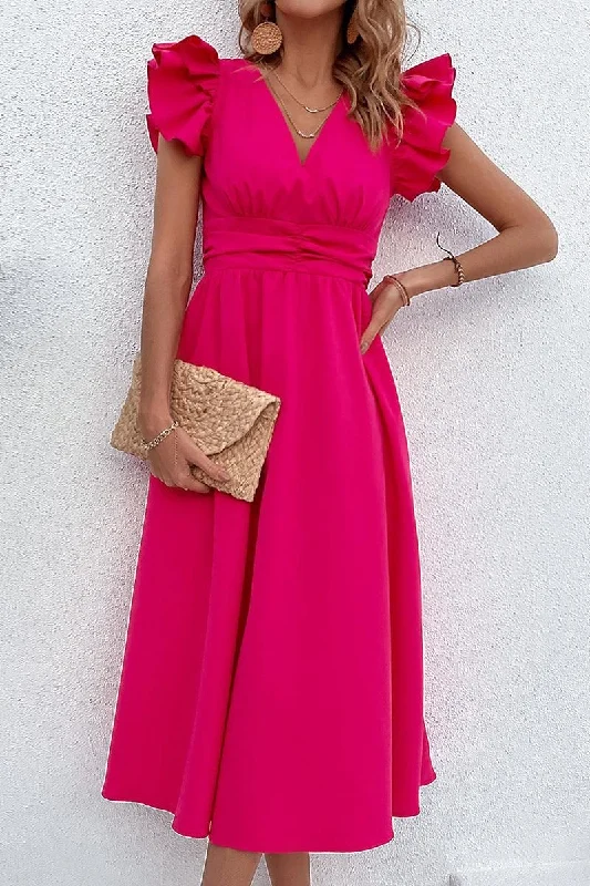 party-ready dressROSE SHOULDER WRINKLED TIGHTEN WAIST FLARE DRESS