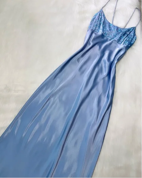 tiered dressSky Blue Straps Satin Embroidery Vintage Long Party Dress, DP2286