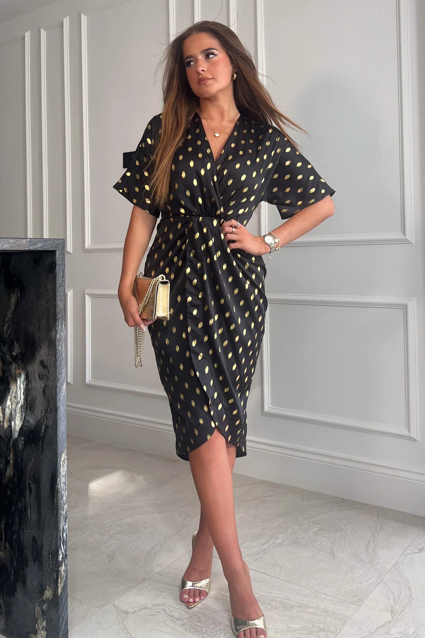 casual knit dressJody Black and Gold Foil Printed Wrap Style Dress