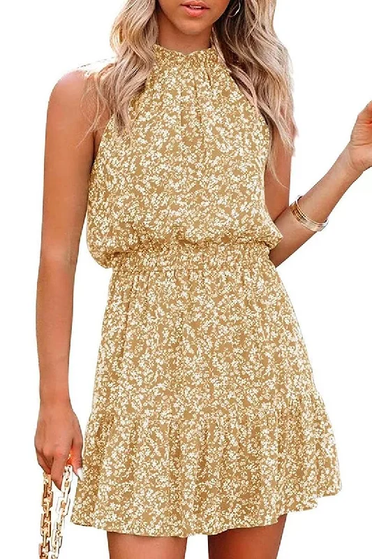 floral midi dressFLORAL TIGHTEN WAIST SHORT HALTER NECK DRESS