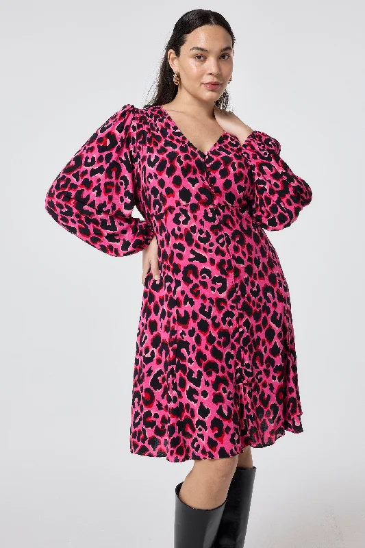 minimalistic dressPink with Red and Black Pop Leopard Blouson Sleeve Godet Short Dress