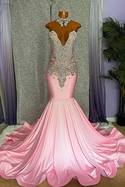 oversized dressChic High Neck Pink Long Mermaid Beading Black Girl Prom Dress, DP2309