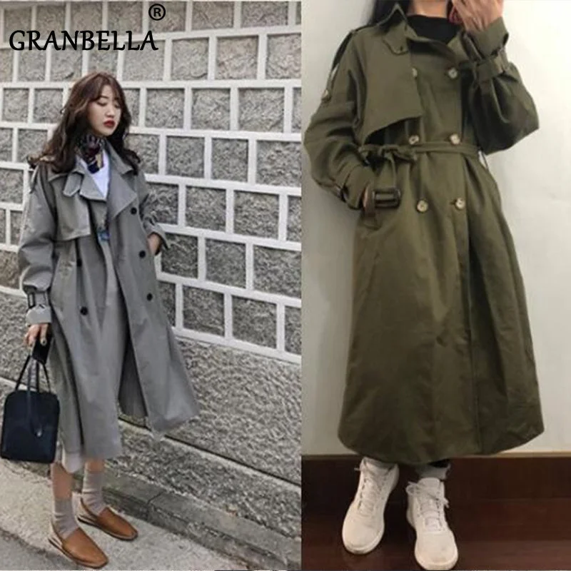 Fashion Fall Winter casual cotton trench coat with sashes oversize vintage long coats overcoats