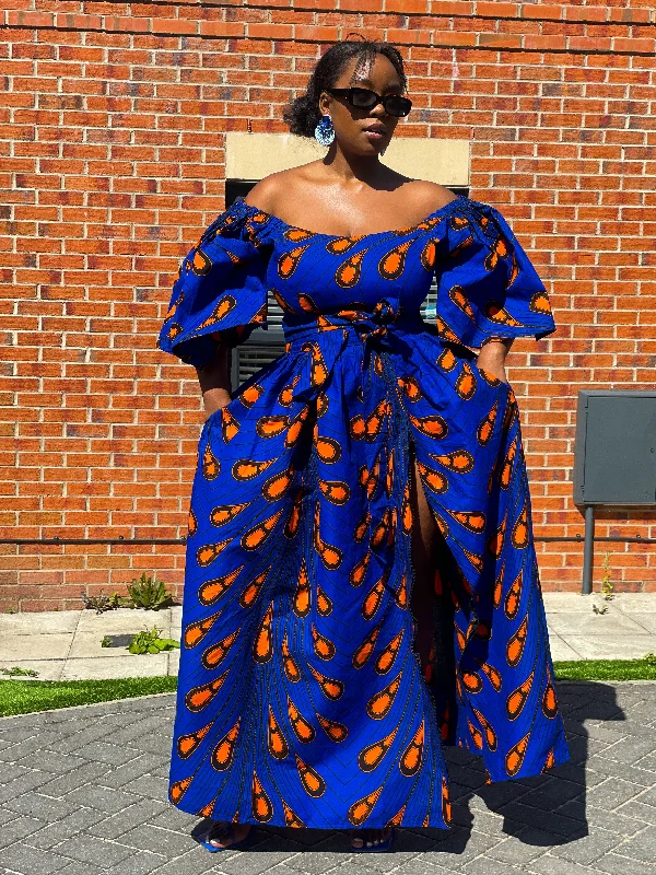 Time-Limited Offer mini dressNimi Ankara Off Shoulder Maxi Dress | Blue and Orange African Print
