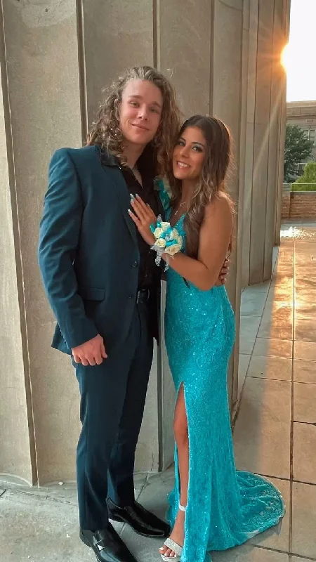 Instant Discount midi dressBlue Sequined Backless Prom Dress with Slit,DP940