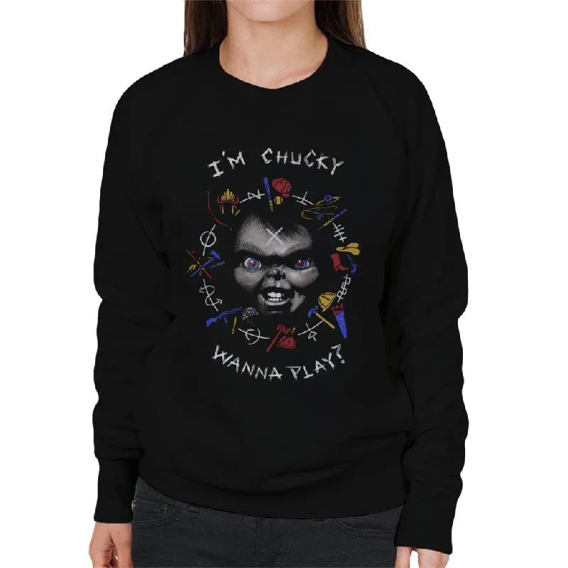 Unbeatable Prices comfortable athletic sweatshirtChucky Im Chucky Wanna Play Quote Women's Sweatshirt Unbeatable Prices comfortable athletic sweatshirtChucky Im Chucky Wanna Play Quote Women's Sweatshirt