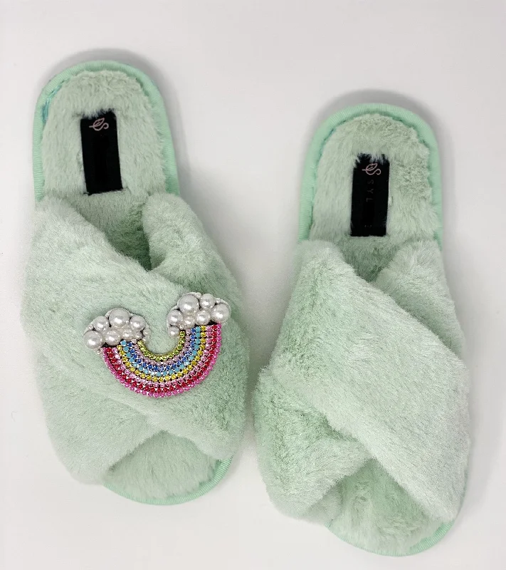 off-shoulder dressCrystal Mint Fluffy Slippers with Rainbow Embellishment