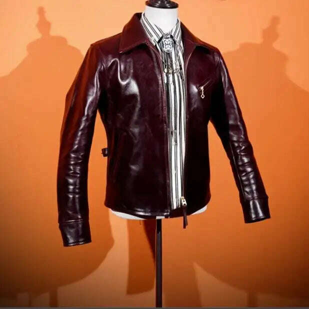 YR!Free shipping.Luxury oil top grain horsehide coat.Mens 1930 Rider leather jacket.Burgundy Vintage leather Can Wear 50 years