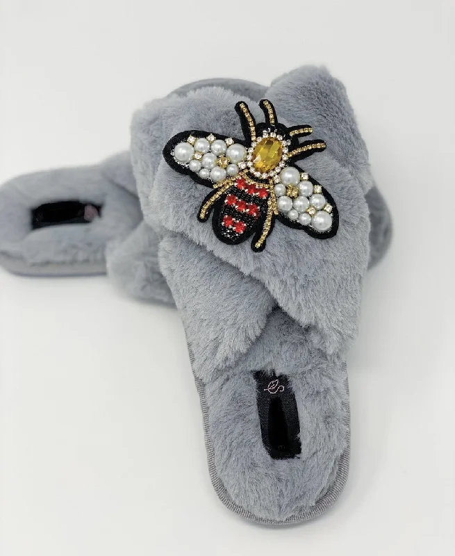 cocktail dressCrystal Grey Fluffy Slippers with Queen Bee Embellishment