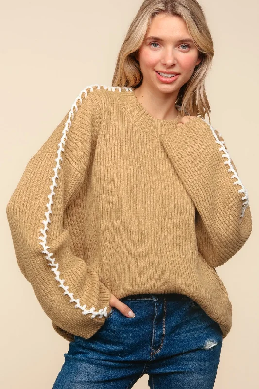 Plus Taupe Long Sleeve with Stitch Detail Sweater