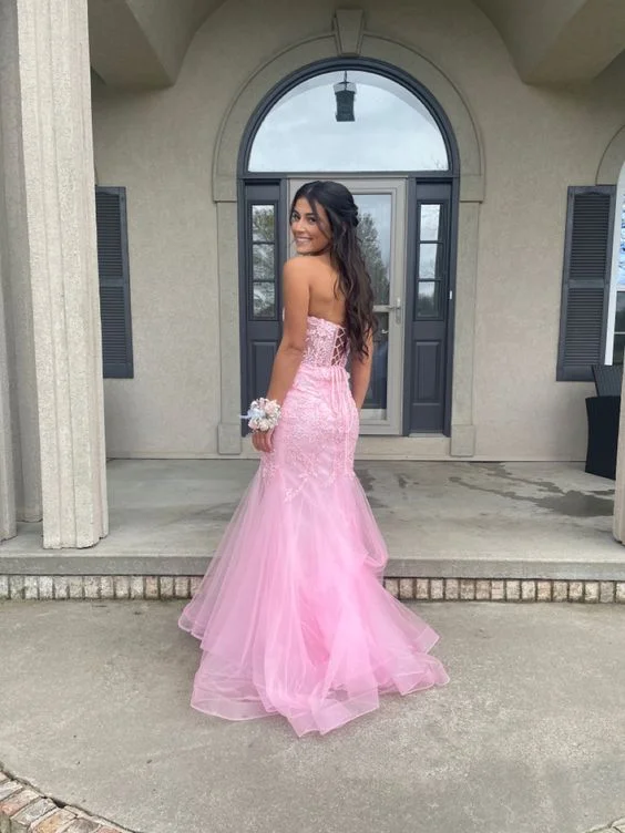 Season Finale Sale comfy maxi dressPink Strapless Tulle Appliques Mermaid Long Prom Dress,DP916