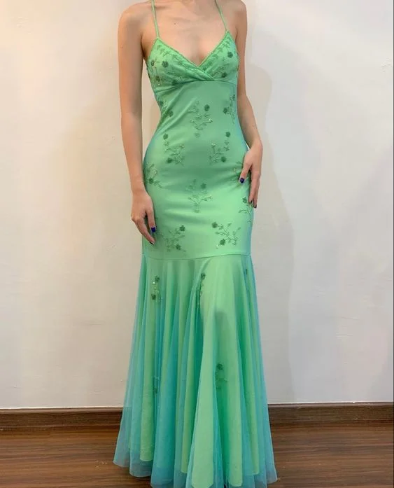 denim dressGreen Beading Tulle Backless Charming Vintage Evening Party Dress, DP2498