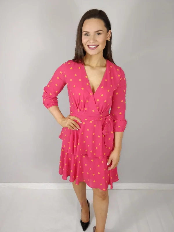 v-neck dressSaskia Cerise Pink Polka Dot Frilled Midi Dress