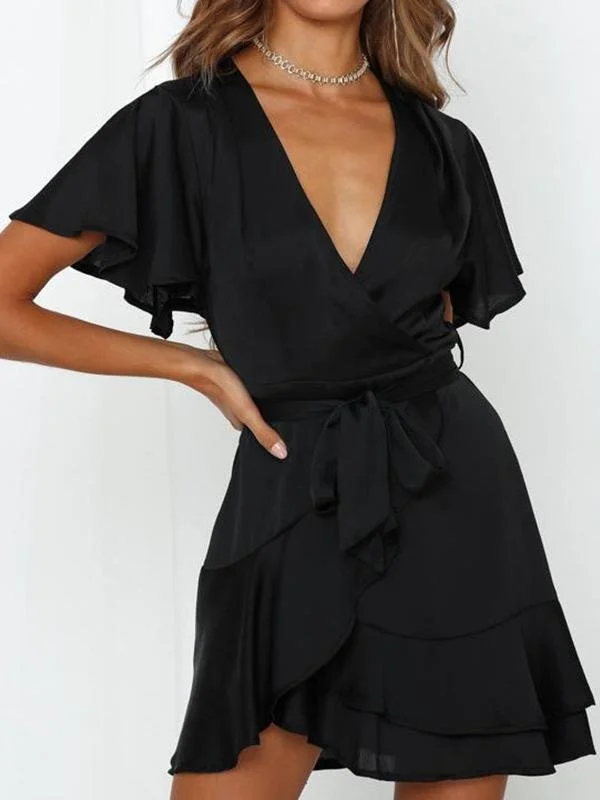 sleeveless dressV-neck Ruffled Belt Wrap Mini Dress