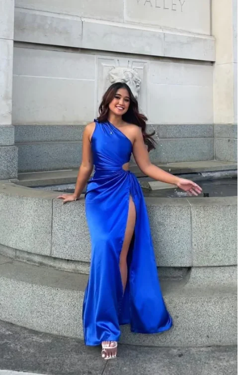 mini dressRoyal Blue One Shoulder Satin Cut Out Party Dress with Slit, DP2333