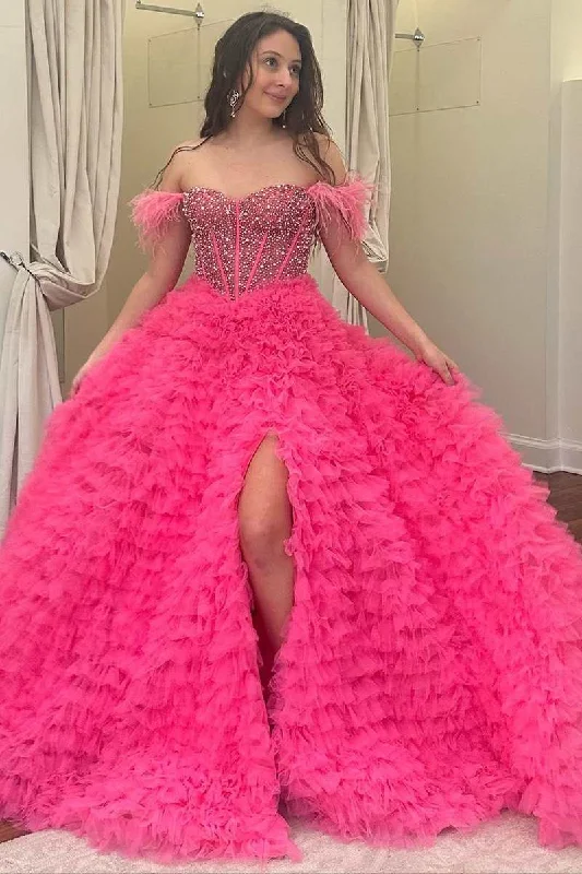 Great Deals flowy maxi dressHot Pink Off Shoulder Beaded Tulle Tiered Long Prom Party Dress with Slit,DP1001